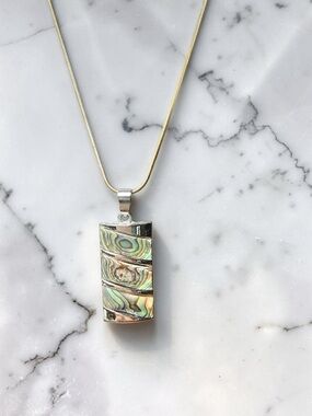Abalone Paua Shell Inlay Rectangle Pendant Necklace Gold Tone Snake Chain Boho